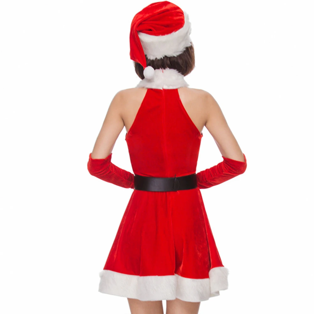 5pcs Christmas Women Dress Sleeveless Cosplay Clothing Santa Costume Suit Xmas Costume Size M (Christmas Hat + Dress + Gloves+ Belt)