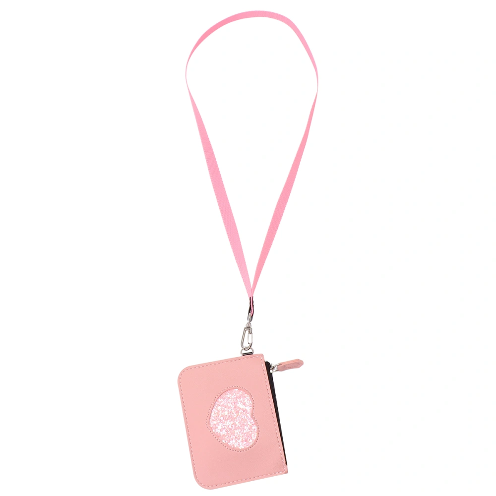 Heart Pattern Holder Portable Glitter Multiple ID Slot Bag Coin Storage Bag with Hanging Strap for Women Girls (Pink)