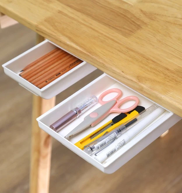 2Pcs Under Desk Drawer Hidden Drawer Storage Box Self Adhesive Under Desk Under Table Drawer Organizer