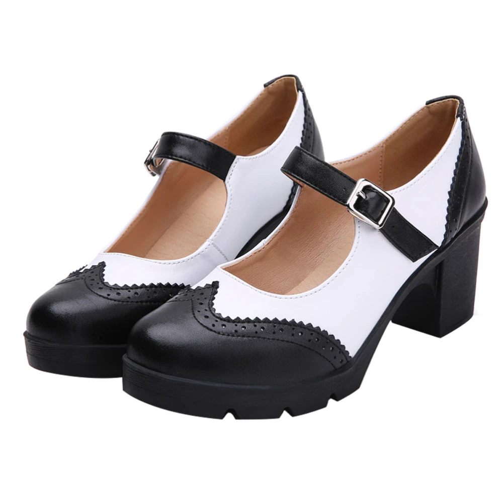 1 Pair Platform Mid-heel Shoes Women's British Style Round-toe Shoes Black White