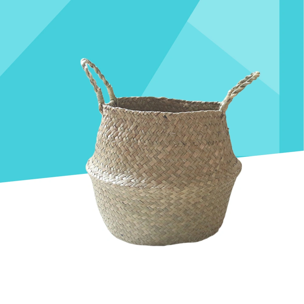 Nordic Style Handmade Basket Seaweed Rattan Storage Basket Dual Handle Flower Plant Wicker Basket Home Garden Accessories (Size M)