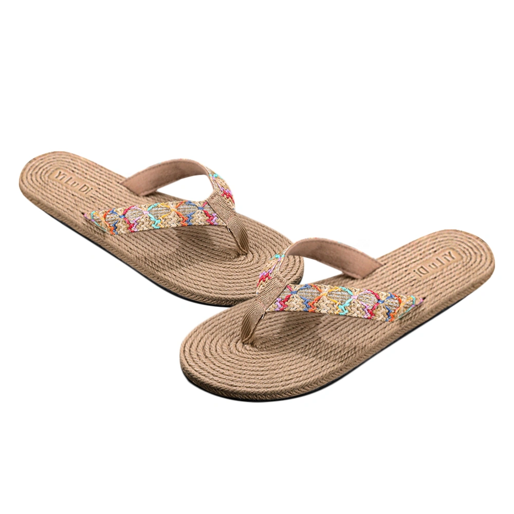 1 Pair Summer Flat Bottom Slippers Outdoor Beach Flip-flops Simulated Straw Woven Slippers Stylish Seaside Cooling Shoes for Women (Beige Size 38 6.5US, 4UK, 37.5EU, 9.2355 Inch)