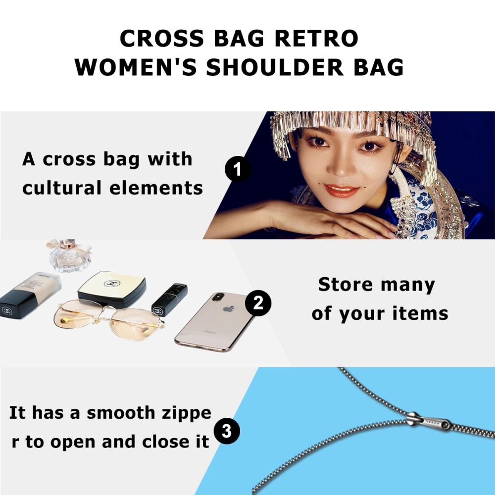 Embroidered Messenger Bag Canvas Cross-body Bag Mobile Phone Pouch Fashion Crossbody Pouch Vintage Shoulder Bag for Woman Girl (Rose Flower)