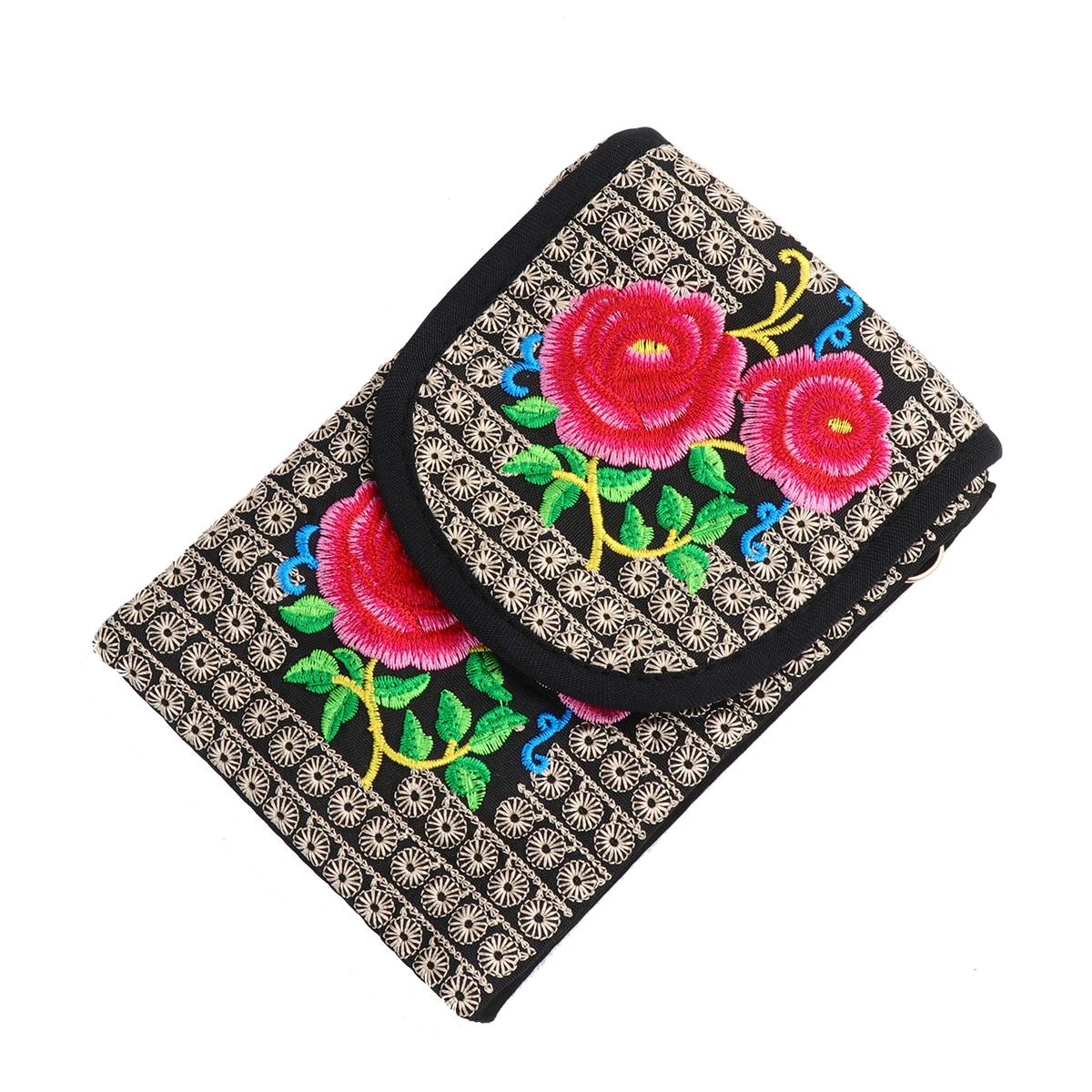 Embroidered Messenger Bag Canvas Cross-body Bag Mobile Phone Pouch Fashion Crossbody Pouch Vintage Shoulder Bag for Woman Girl (Rose Flower)