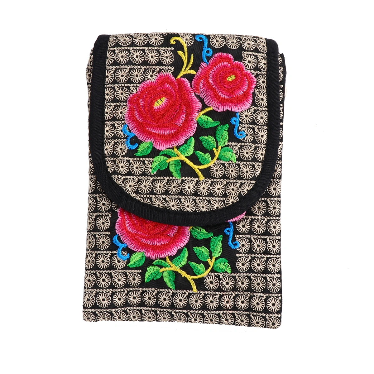 Embroidered Messenger Bag Canvas Cross-body Bag Mobile Phone Pouch Fashion Crossbody Pouch Vintage Shoulder Bag for Woman Girl (Rose Flower)