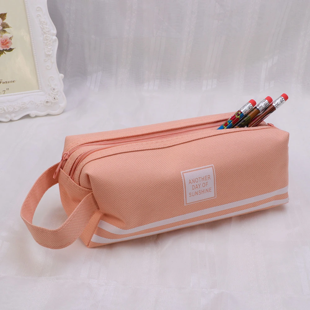 Large Capacity Pencil Bag Double Layer Canvas Pencil Pen Case Cosmetics Solid Color Zipper Pouch (Light Pink)