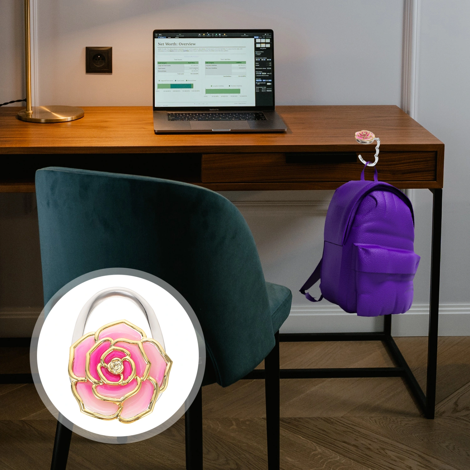 Rose Flower Shaped Folding Handbag Purse Bag Hanger Table Hook Holder (Pink)