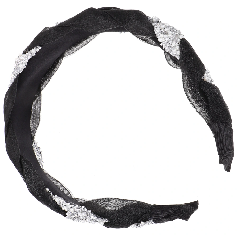 1pc Fine Gauze Headband Rhinestone Hair Wide Head Manmade Pearl Headdress for Party Daily Black