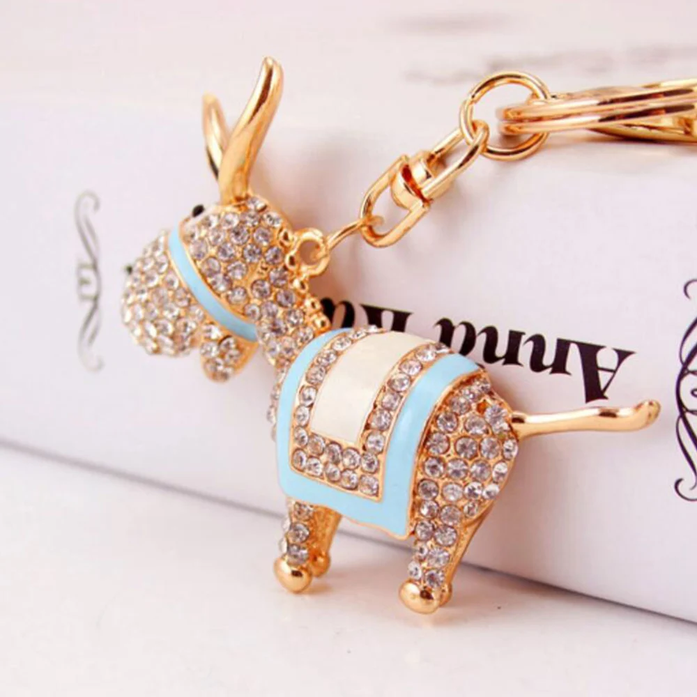 1pc Donkey Design Keyring Rhinestone Keychain Adorable Key Holder Fashion Bag Pendant Gift Key Chains Blue