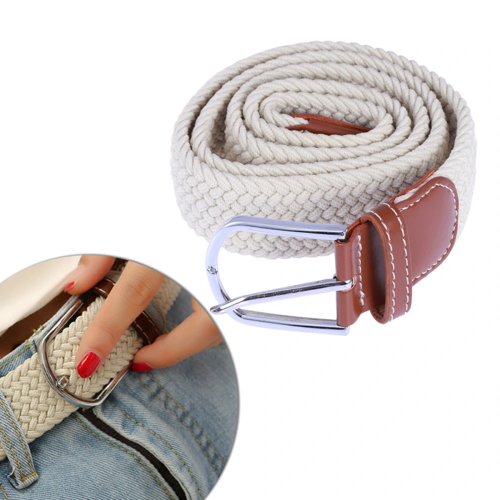 Universal Braided Stretch Belt Casual Fabric Woven Weave Elastic Belt for Men and Women with PU Leather Loop and End Tip (Beige)