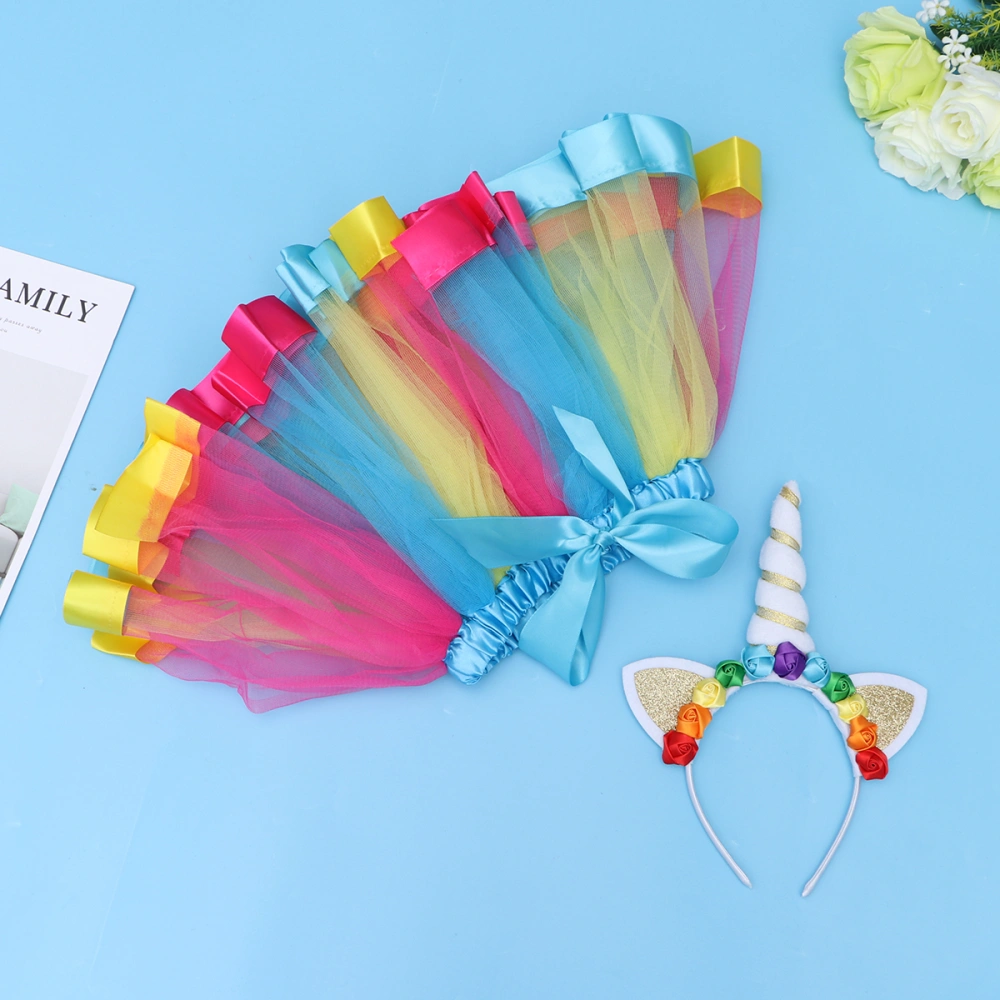 Kids Rainbow Tutu Skirt Baby Girl Costume Ballet Skirt for Carneval Party Dacing Performance Christmas Unicorn Headwear Half-length Rainbow Skirt Set - Size M (Hairband and Skirt)(Sky Blue)