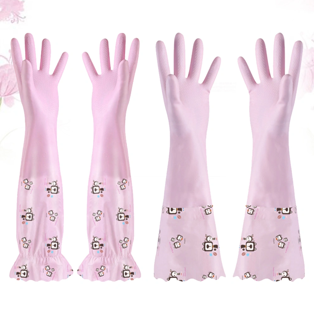 2 Pairs of Dishwashing Gloves Thicken Waterproof Kitchen Gloves Printing Cleaning Gloves Size L (Pink Wide Mouth + Drawstring Mouth)