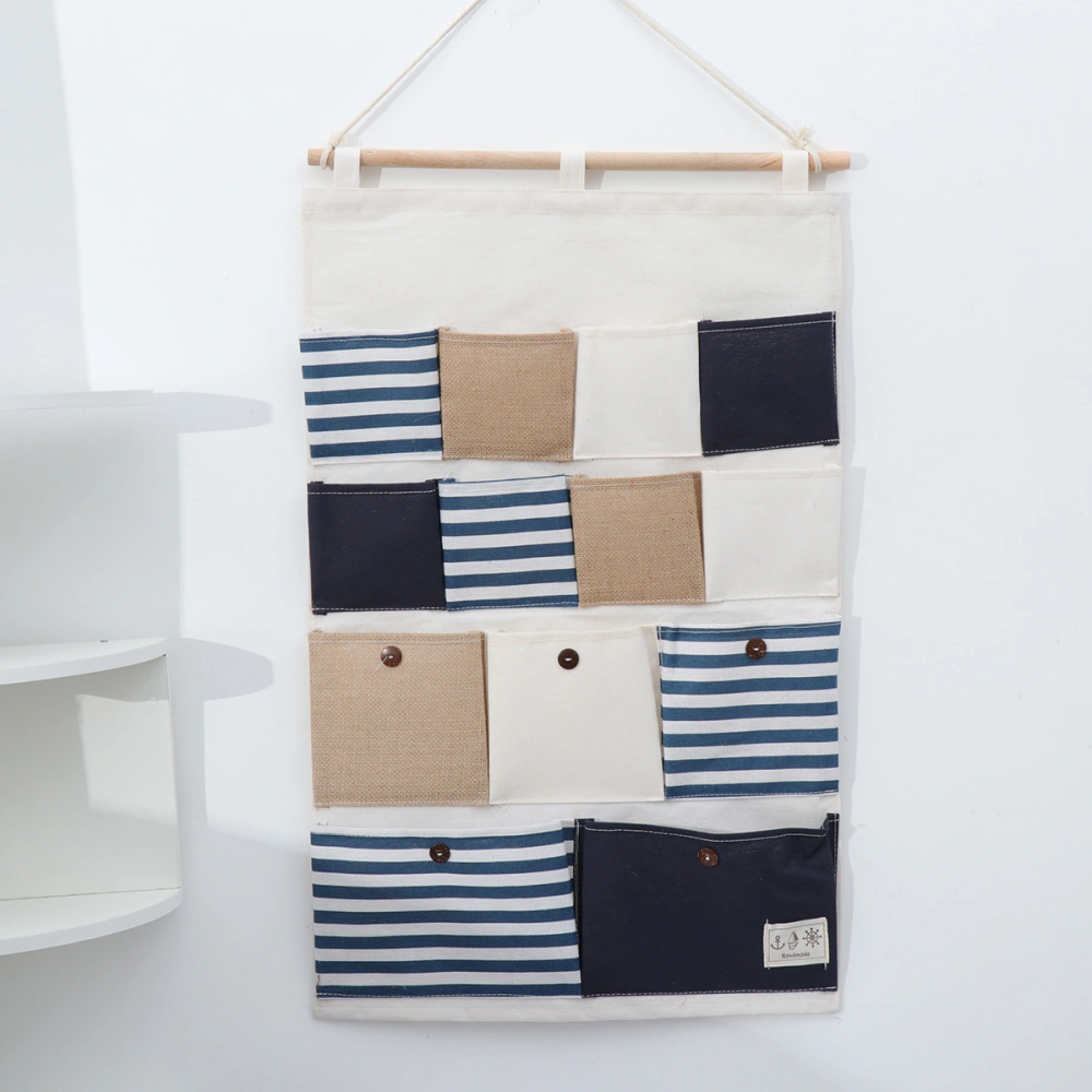 1pc Multi-pocket Hanging Bag Striped Cotton Linen Storage Pouch Wall-mounted Sundries Organizer for Home Shop