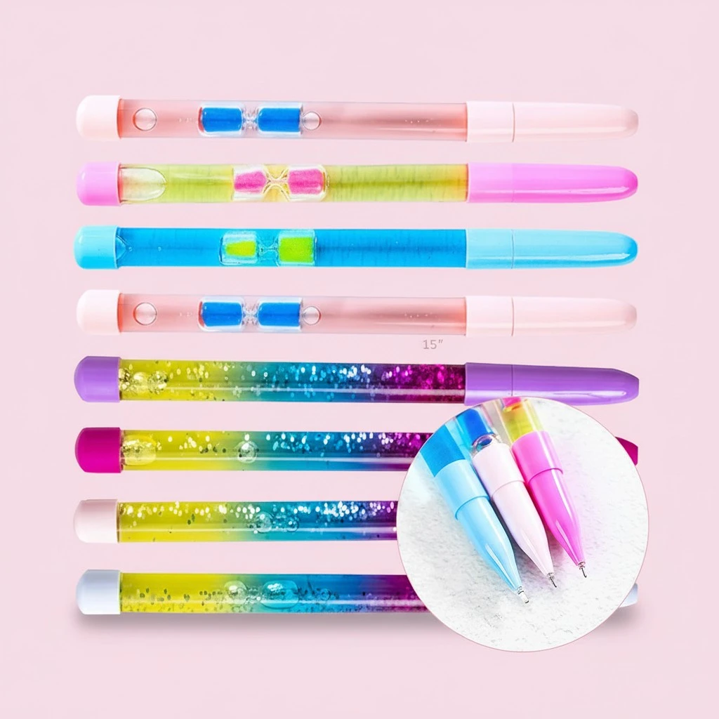 8Pcs Quicksand Pens Adorable Cartoon Pens Multi-use Writing Pens Perform Supplies