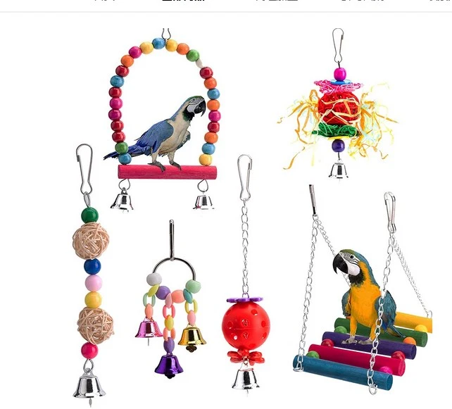 6pcs Bird Standing Swing Ladder Parrot Chewing Toys Wooden Bird Toys Bell Pendants