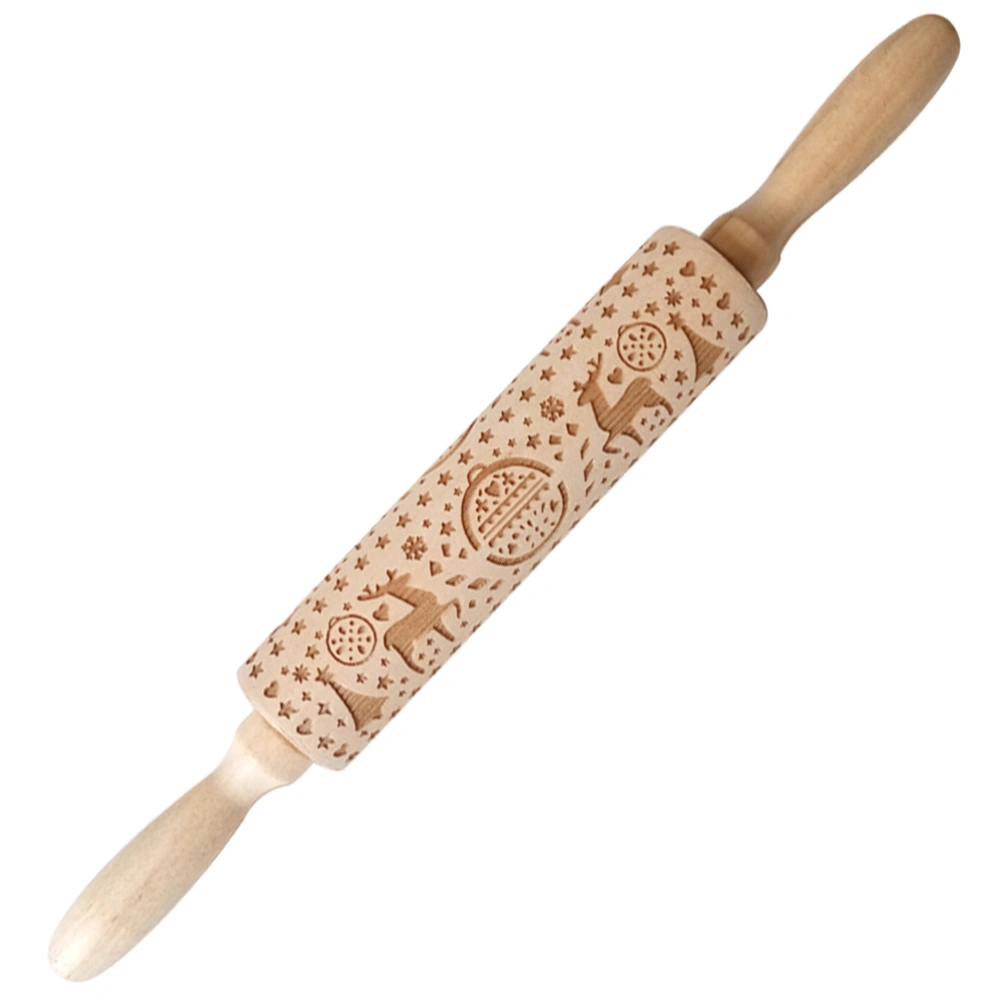 1PC Christmas Dough Roller Wooden Rolling Pin Creative Embossed Rolling Stick DIY Kitchen Accessories (Deer and Tree)