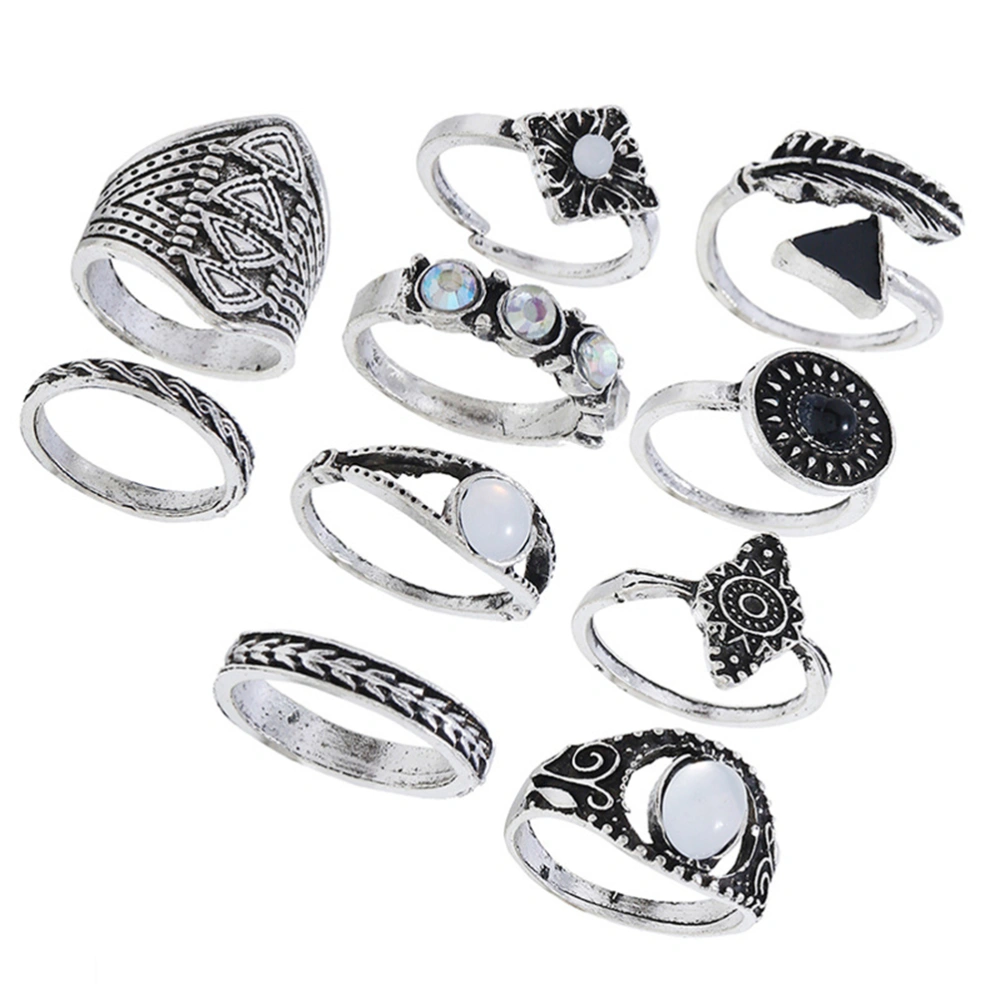 10Pcs Women Rings Set Vintage Ethnic Exaggerated Gemstone Combination Finger Rings Suit Jewelry for Girls (Silver)