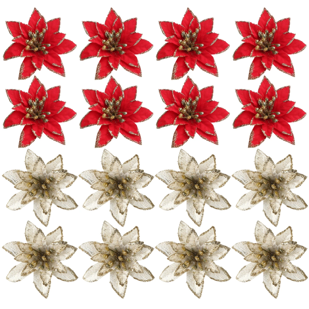 24pcs Christmas Glitter Flowers Decorative Artificial Christmas Wreath Flowers