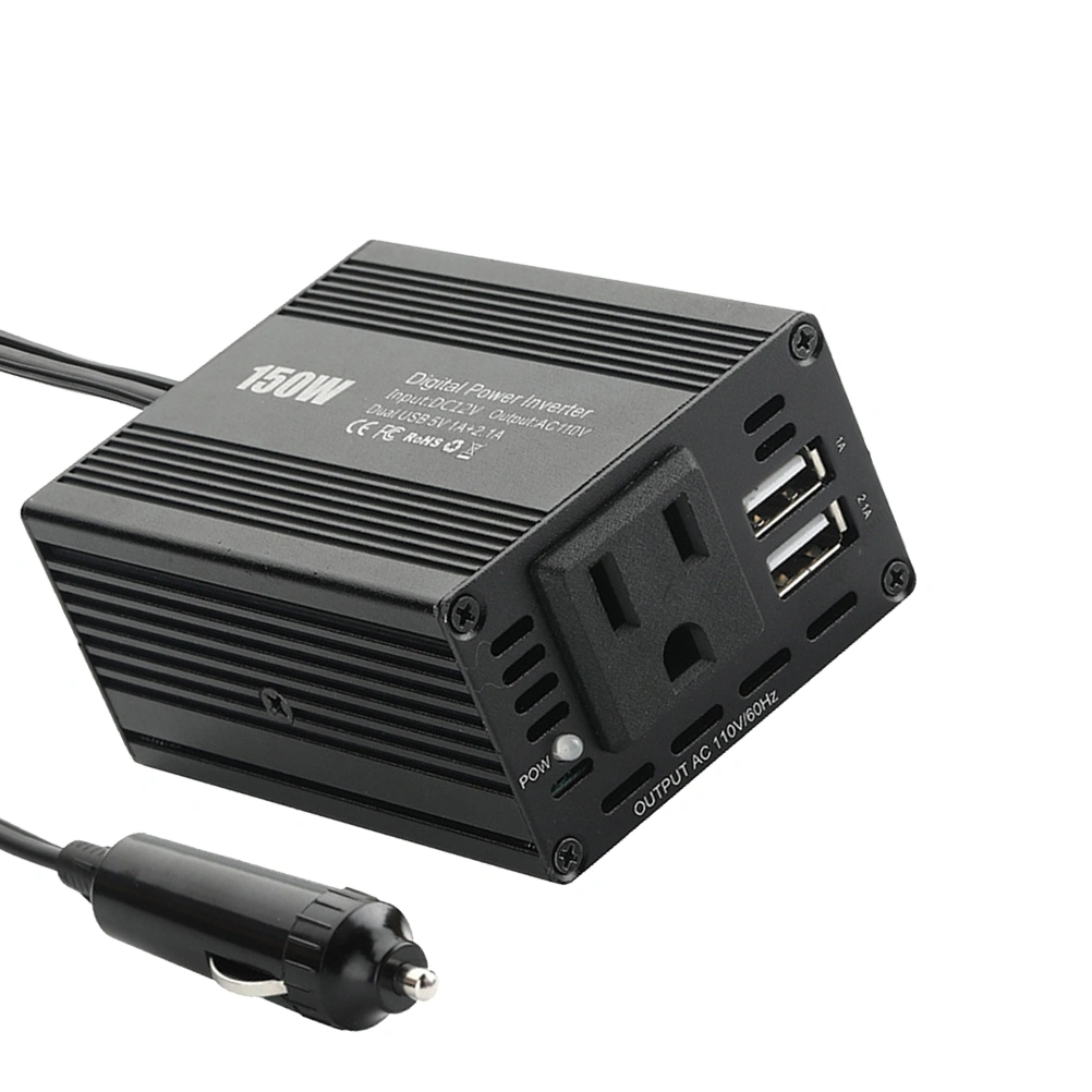 150W Car Power Inverter 12V DC to 110V AC Sine Wave Converter Dual USB Car Power Supply (Black)