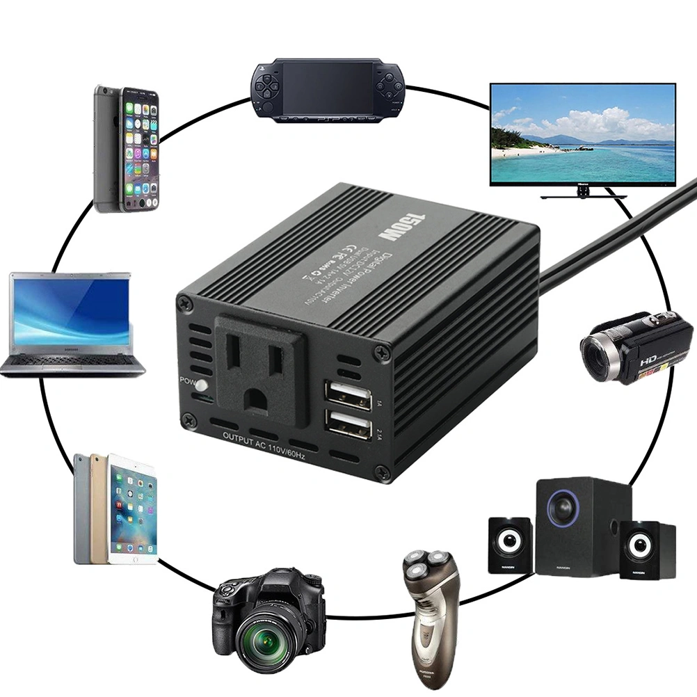 150W Car Power Inverter 12V DC to 110V AC Sine Wave Converter Dual USB Car Power Supply (Black)