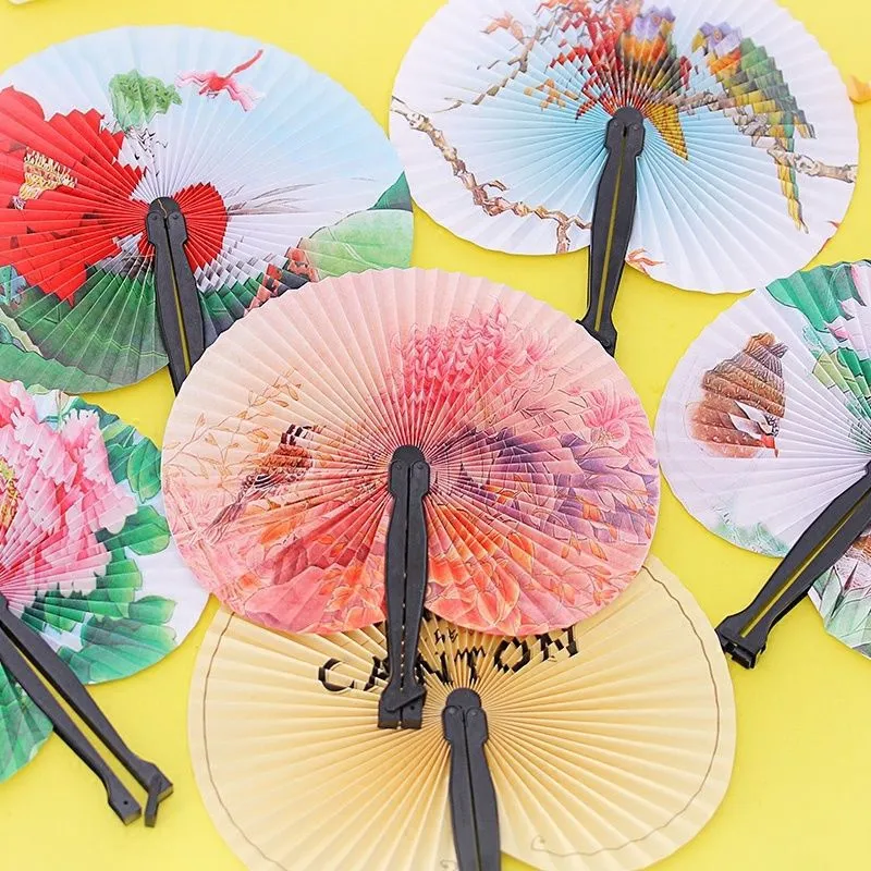 5pcs Folding Circular Fan Vintage Style Folding Handheld Fan Random Pattern