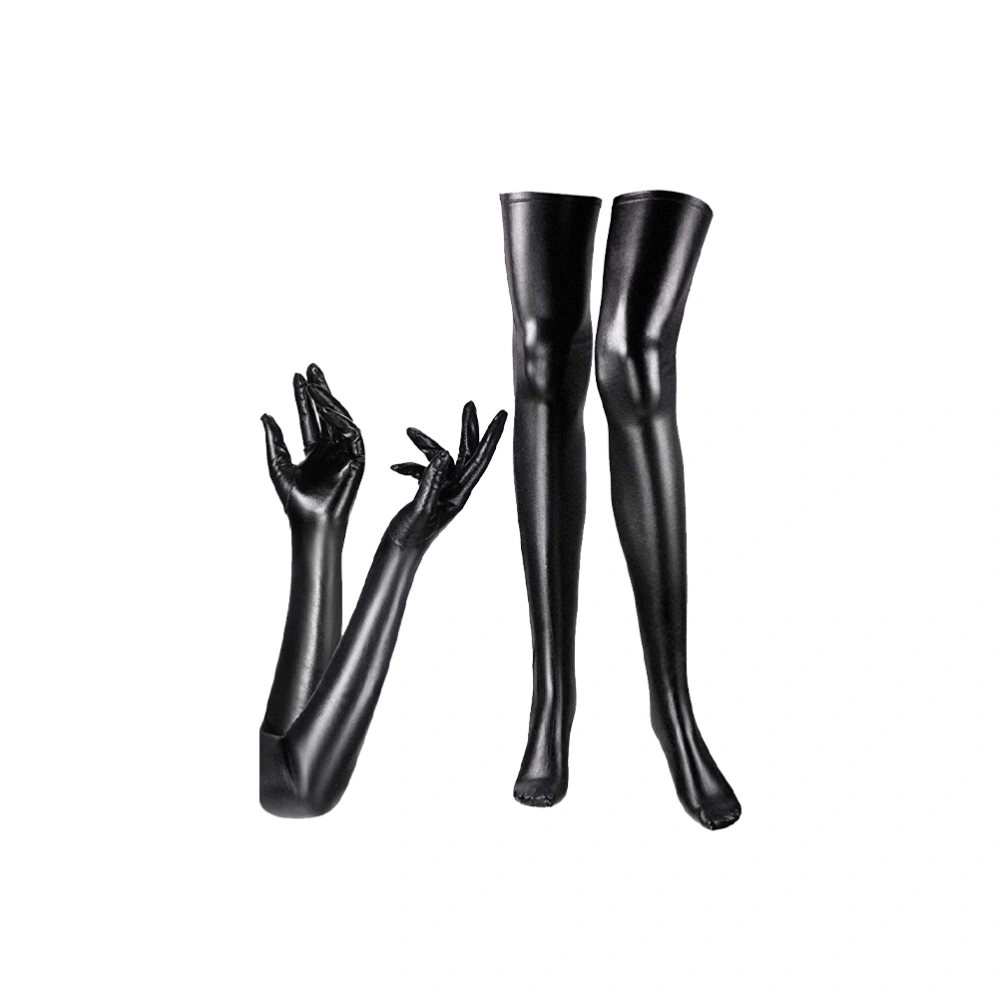 Charming Stockings Women Sexy Long Tube Gloves Patent Leather Socks Gloves Set for Women Ladies (Black)