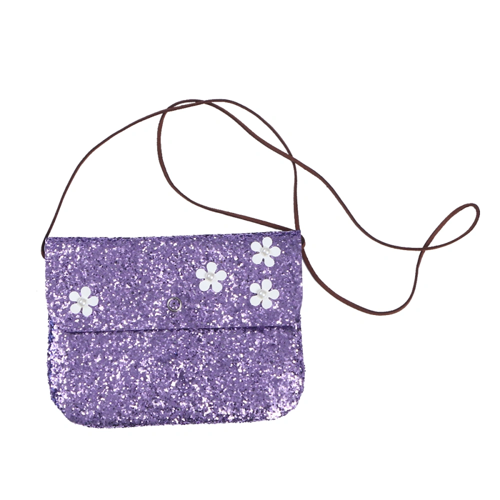 Girls' Small Fashion Square Shoulder Bag PU Leather Flower Mini Messenger Glitter Sequins Crossbody Handbag (Purple)