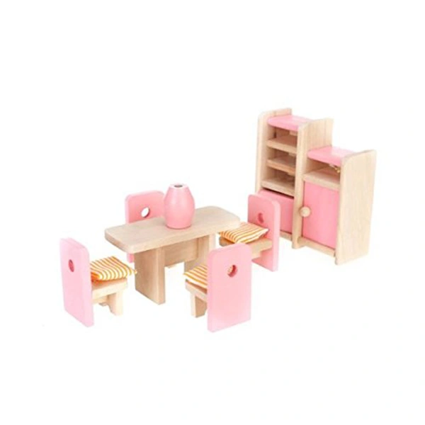 mini house Dining Room Wooden Furniture Set Table+Chair+Display Unit+Vase