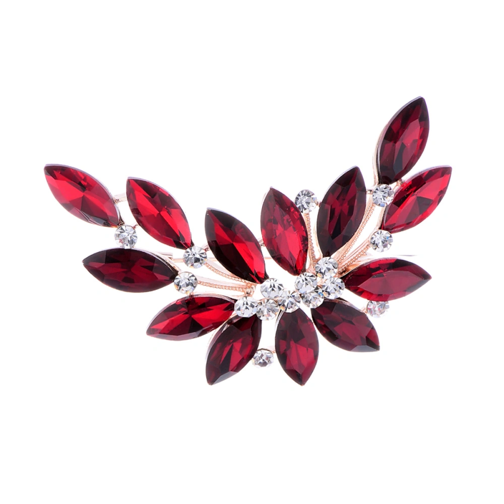 Women's Bright Red Rhinestone Bouquet Brooch Crystal Wedding Leaf Shape Corsage