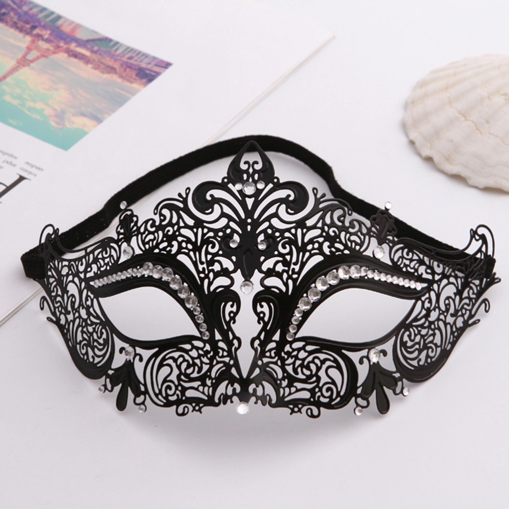 Venetian Style Metal Lace Shape Mask Black Plated Rhinestone Mask Masquerade Mask (Black with White Rhinestones)