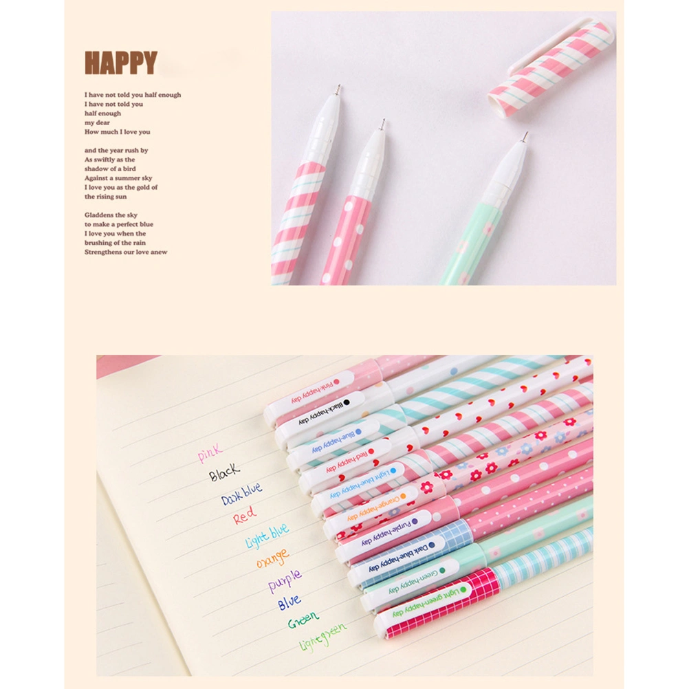 10pcs Multi Colors Gel Ink Pens Korean Cartoon Pin Type Pens Stationery for School Office (0.38mm)