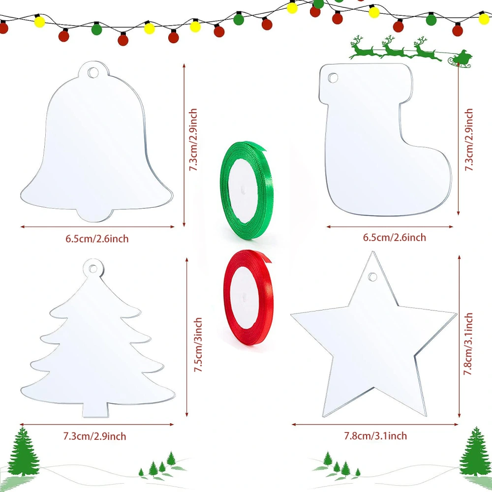 20pcs Christmas Transparent Acrylic Ornaments DIY Festival Pendants Xmas Tree Decors