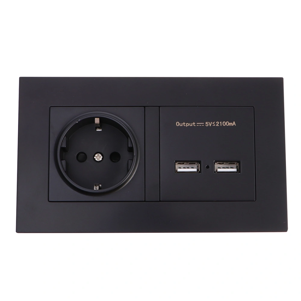 European Standard Dual USB Two-hole Wall Socket 86-Type Panel Socket Panel Wall Power 2100mA Dual USB Socket Charger (Black)