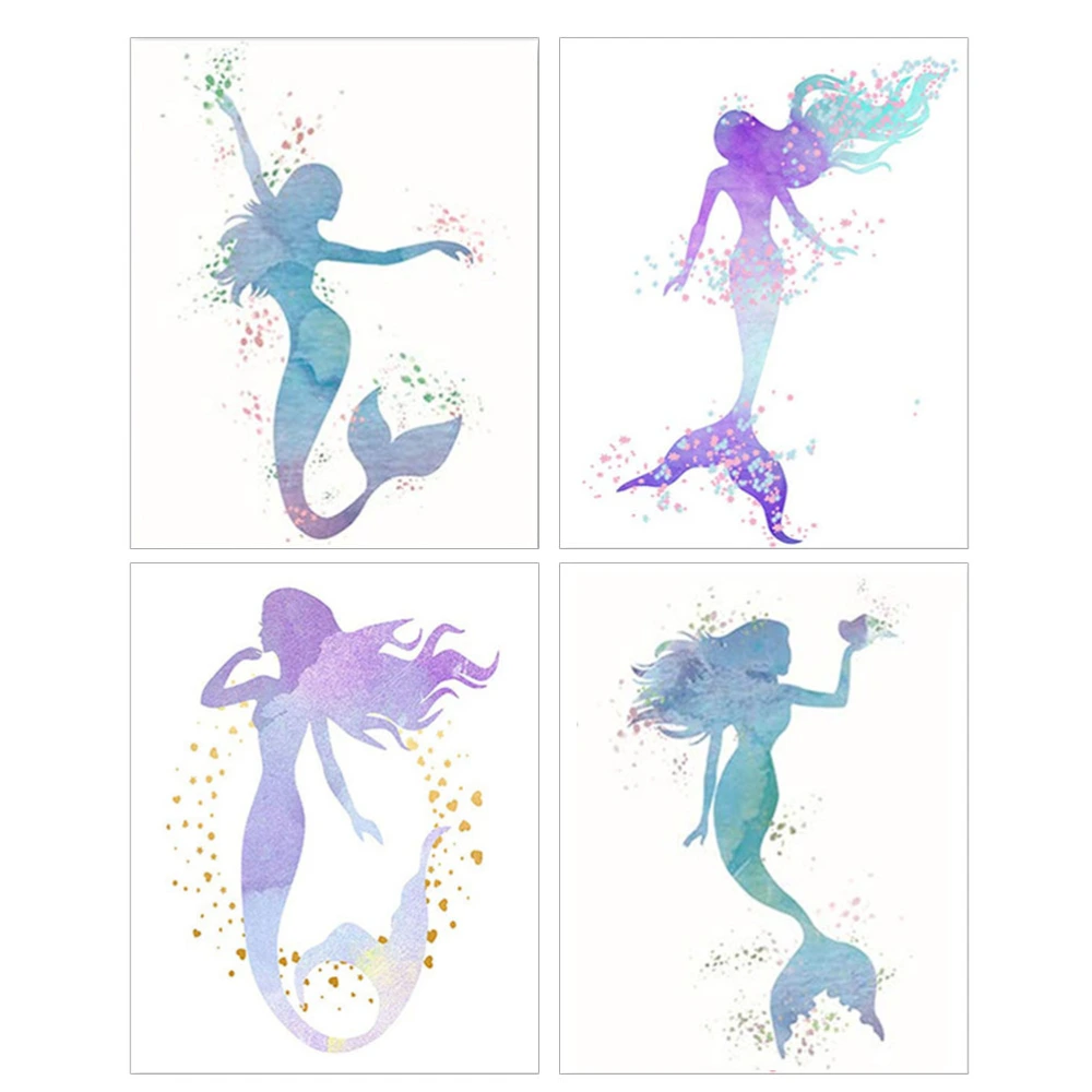 4Pcs Mermaid Watercolor Canvas Wall Frameless Painting Hanging Decoration Picture without Frame for Bedroom Living Room Office (Random Pattern)