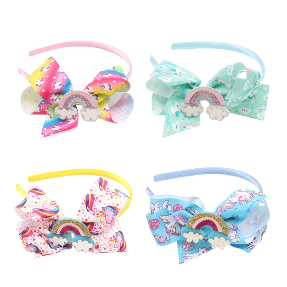 4pcs Unicorn Design Hair Bow Hair Band Rainbow Cloth Headband Adorable Hair Accessory for Kids Girls (#1 Rainbow,#2 Mint,#3 Pink and #4 Light Blue)