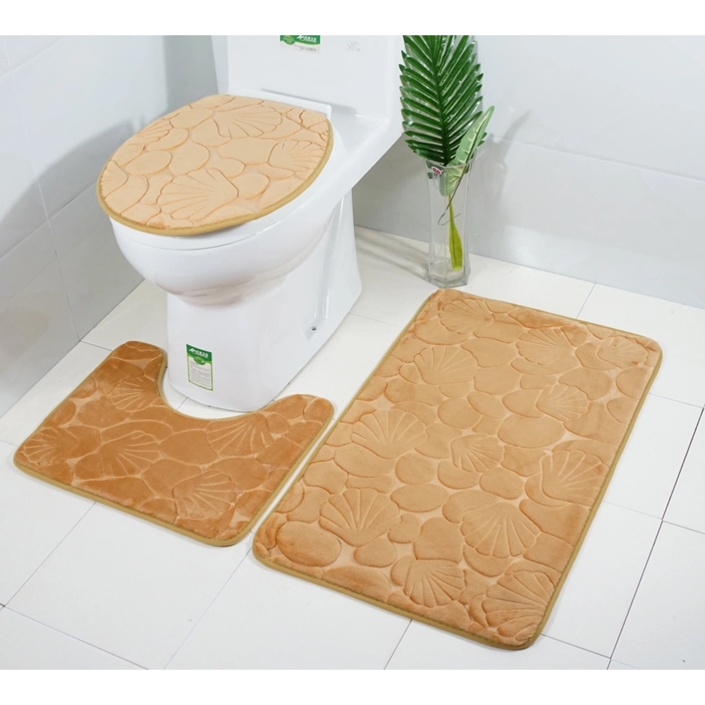 Three Pieces Bathroom Mat Set Flannel Embossed Shells Nonslip Bath Bathtub U-shape Rug Carpet Toilet Seat Lid Cover (Golden)