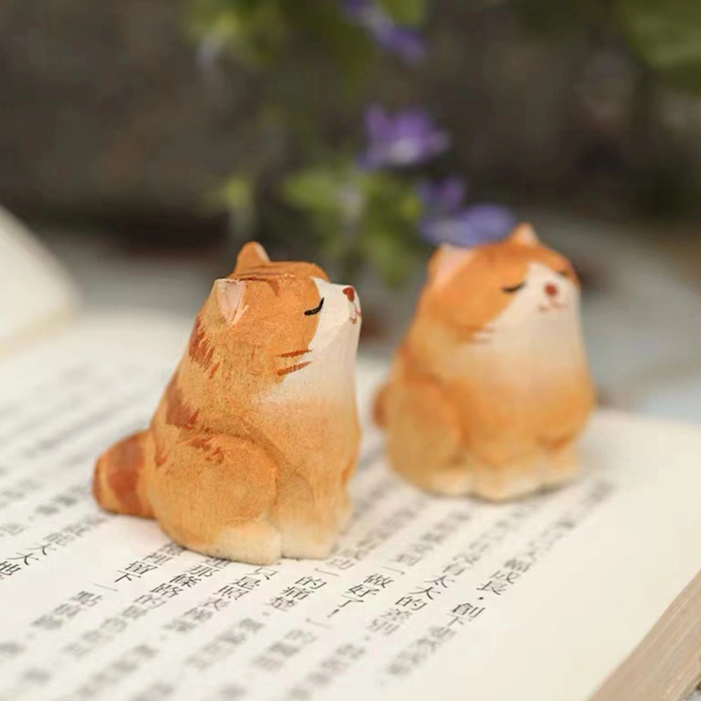 2pcs Small Dog Cat Statue Wooden Animal Decor Realistic Hand-Carved Cat Dog Decor