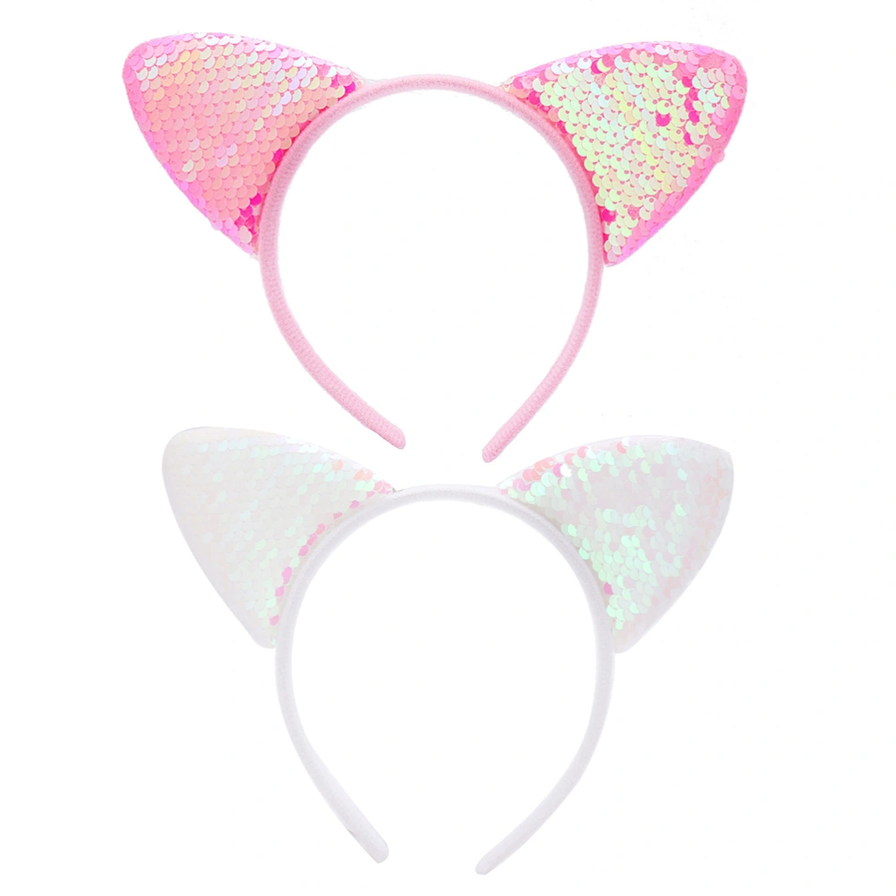 2pcs Sequins Cat Ear Headband Funny Hair Hoops Lovely Headdress Hair Accessories Party Favors Supplies for Festival Carnival (Pink + White)