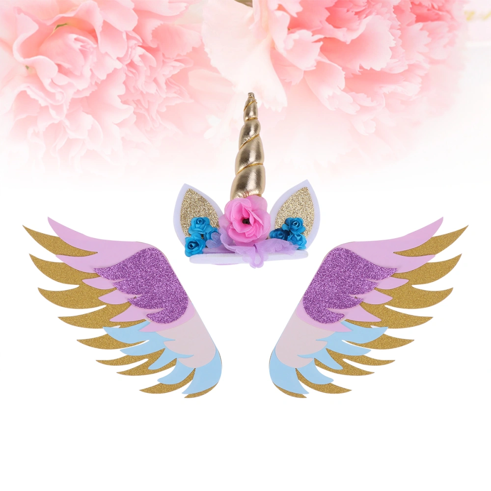 3 Pcs Glitter Paper Cake Insertion Unicorn Wings Cake Cupcake Toppers Decoration (Unicorn Topper + 1 Pair of Wings)