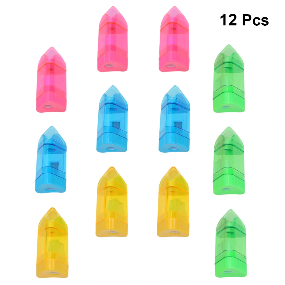 12PCS Plastic Sharpener Pencil Sharpener Handheld Sharpener with Eraser Stationery Supplies for Kids Children Students (Random Color)