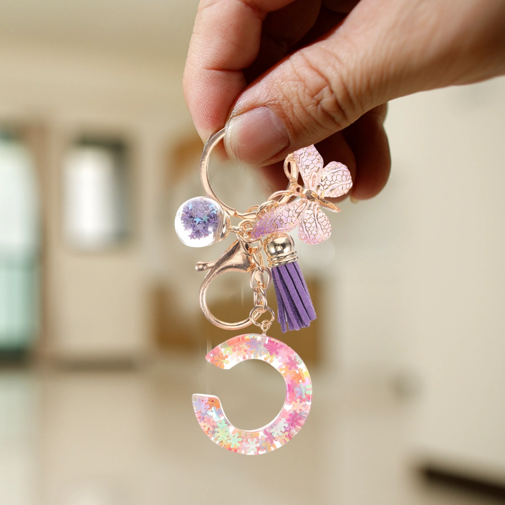 Tassel Letter Keychain Resin Key Holder Women Butterfly Key Chain for Car Keys (C Letter)