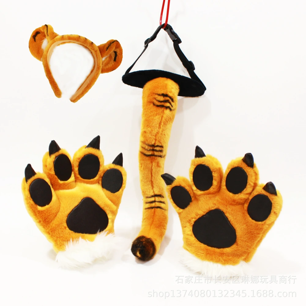 1 Set Tiger Costume Accessories Animal Ears Headband Paw Mittens and Tail Set