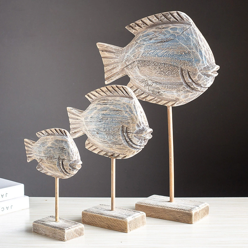 Hand Carved Rustic Wood Fish Statue Decorative Wooden Art Collection Fish Shape Adornment