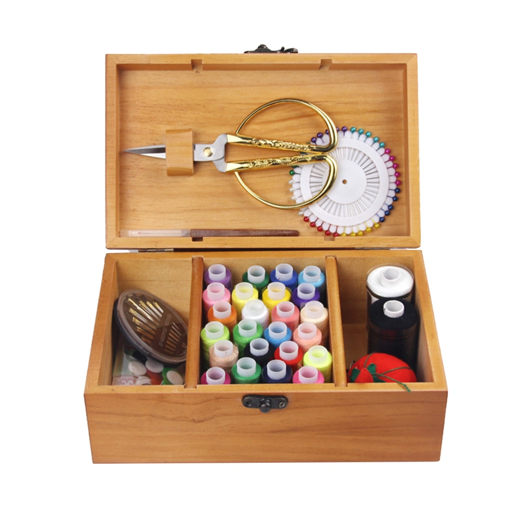 Retro Wooden Sewing Box Sewing Kit with Sewing Accessories for Camping Home Kids Travel Emergency