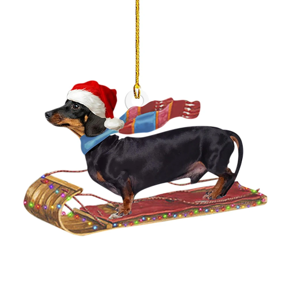 2Pcs Dachshund Christmas Ornaments Xmas Sausage Dog Acrylic Pendant for Car Xmas Tree