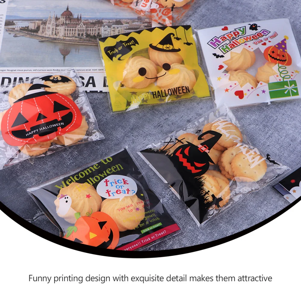 500Pcs Halloween Transparent Pouches Self Adhesive Candy Tote Baking Bakery Bag