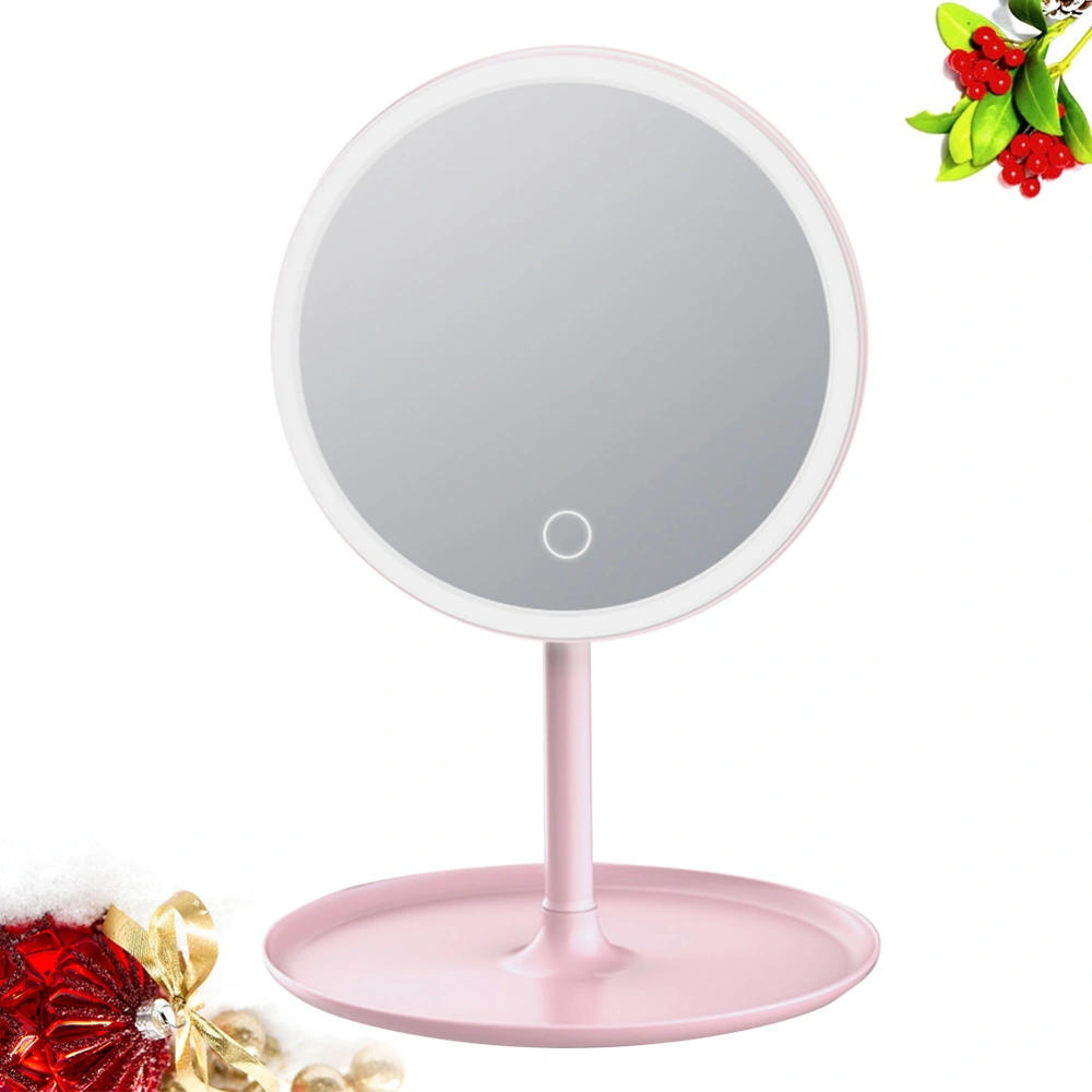 LED Desktop Makeup Mirror Desk Standing Makeup Mirror Rechargeable Makeup Mirror (USB Charging Three Color Light Pink)