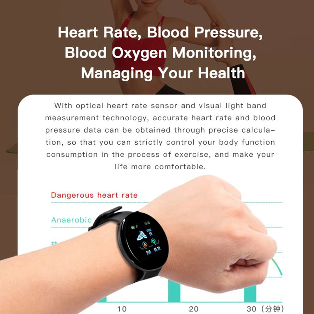 1.3 Inch Color Screen Touch Smart Watch IP65 Pedometer Fashion Fitness Heart Rate Sleep Monitor Men Women Smart Bracelet D18 (Blue)