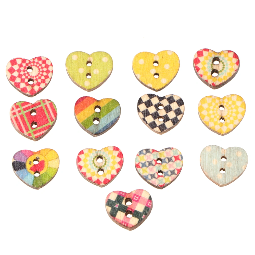 100 Pcs DIY Wooden Buttons Printed Heart Shaped Two Holes Fine-edged Buttons for Sewing Scrapbooking Hand-painted Shoes and Hats (Mixed Patterns)