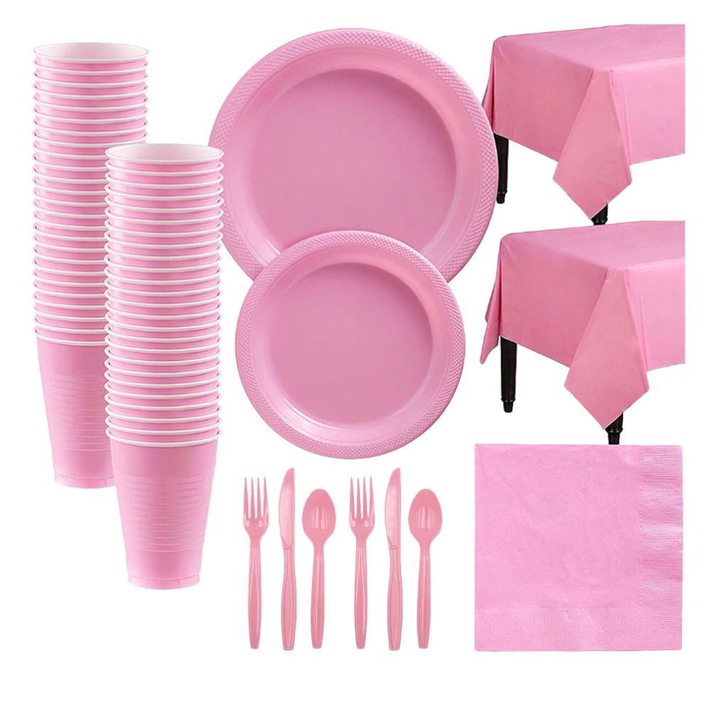 1 Set of 142PCS Disposable Birthday Tableware Set Birthday Party Dinnerware Set Single Color Disposable Cutlery Kit Disposable Plastic Plates Cups Tablecloth Kit for Birthday Party Supplies (Pink)